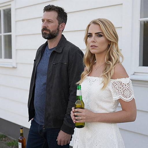 Serious Couple Standing Outdoors Holding Beer
