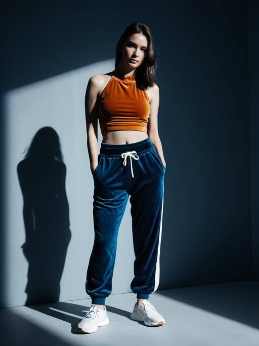 Sporty Chic Woman in Orange Crop Top and Blue Velour Joggers