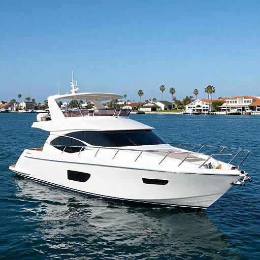 Photograph of a sleek, white, modern yacht cruising on calm, blue water with a coastal town featuring palm trees and white buildings in the background under