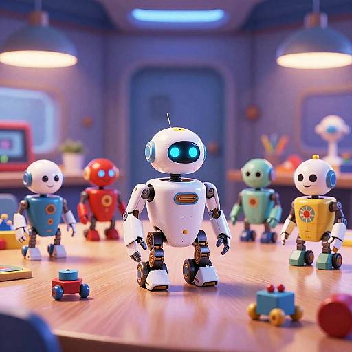 Photograph of colorful, retro-style robot toys on a wooden table in a brightly lit, cozy room with soft blue and yellow lighting.