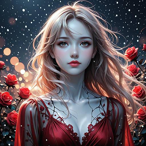 Digital artwork of a pale-skinned, blonde woman with blue eyes, wearing a red lace dress, surrounded by red roses under a starry night sky