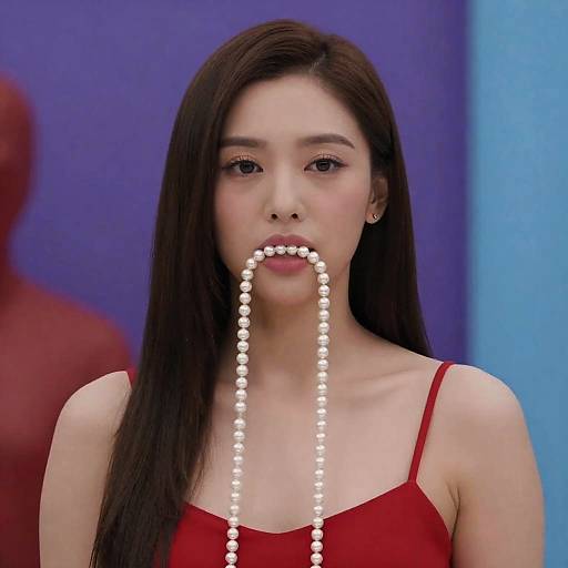 Elegant Woman with Pearls Against Bold Colors