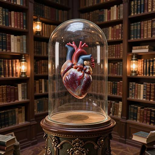 Photograph of a detailed, metallic heart with red and blue arteries inside a glass dome, displayed on an ornate pedestal in a dimly lit,