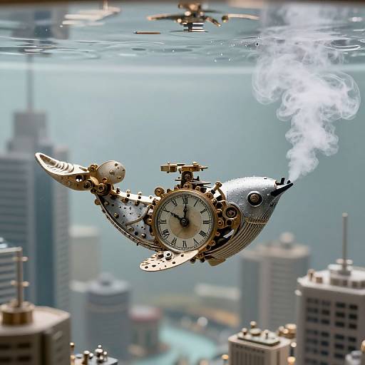 Photograph of a steampunk fish clock with a smoking tail, floating above a blurred cityscape of skyscrapers, blending mechanical and surreal elements
