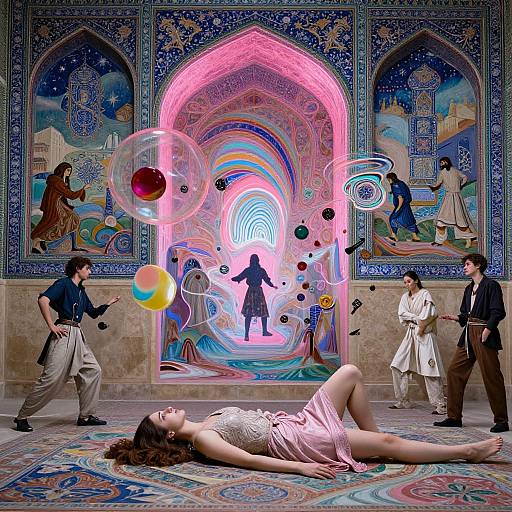 Photograph: Dreamlike mosque scene with a woman lying unconscious, colorful bubbles, silhouetted figures, and surreal, vibrant tile patterns.