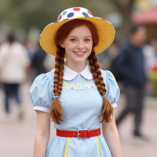 Photograph of a smiling young woman with red braids, wearing a light blue dress, red belt, and yellow polka-dot hat, standing in