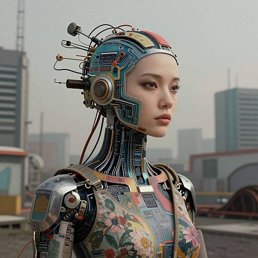 Digital artwork of a cybernetic Asian woman with floral-patterned armor, intricate robotic headgear, and cityscape background, showcasing futuristic tech.