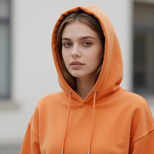 Young Woman in Orange Hooded Sweatshirt