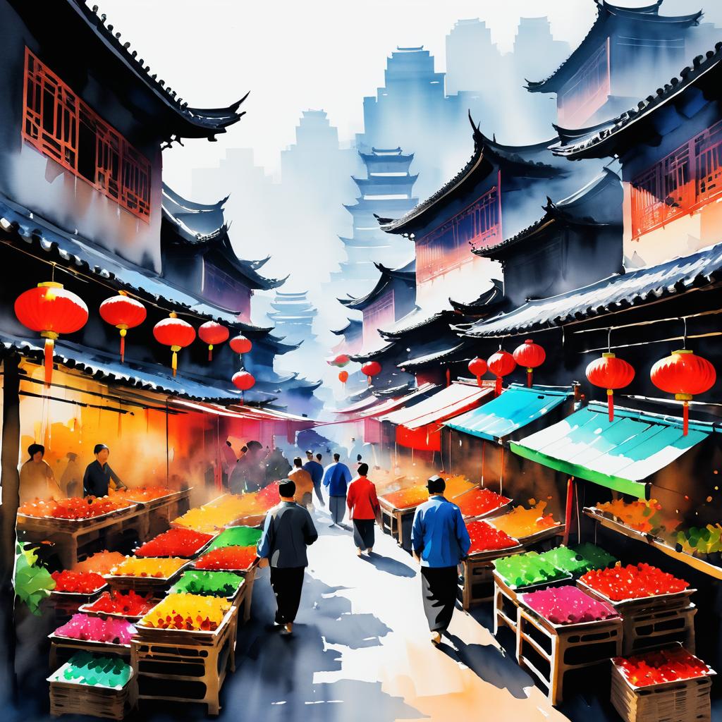 Vibrant Chinese Market in Brush Painting