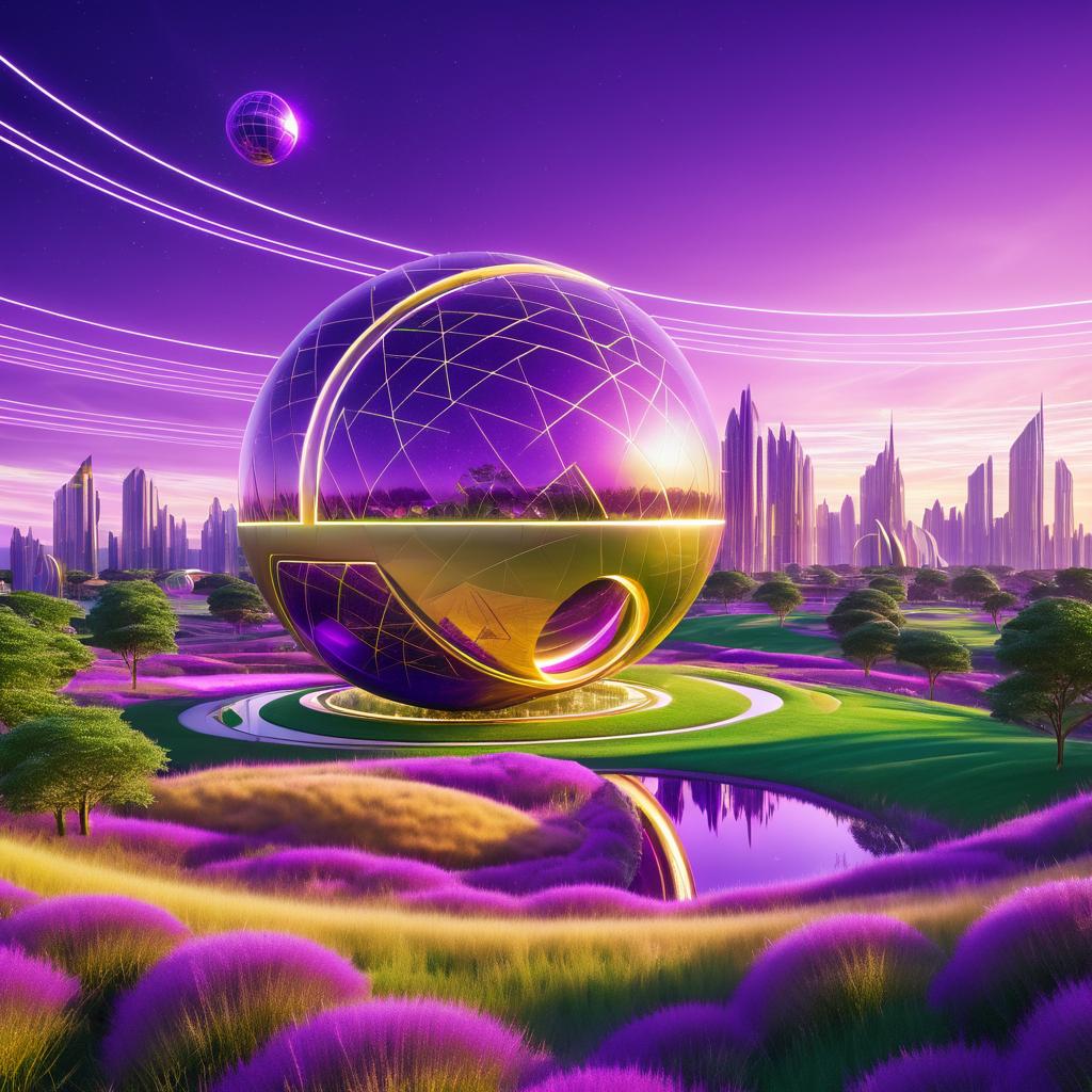 Futuristic City with Golden Orb and Meadow