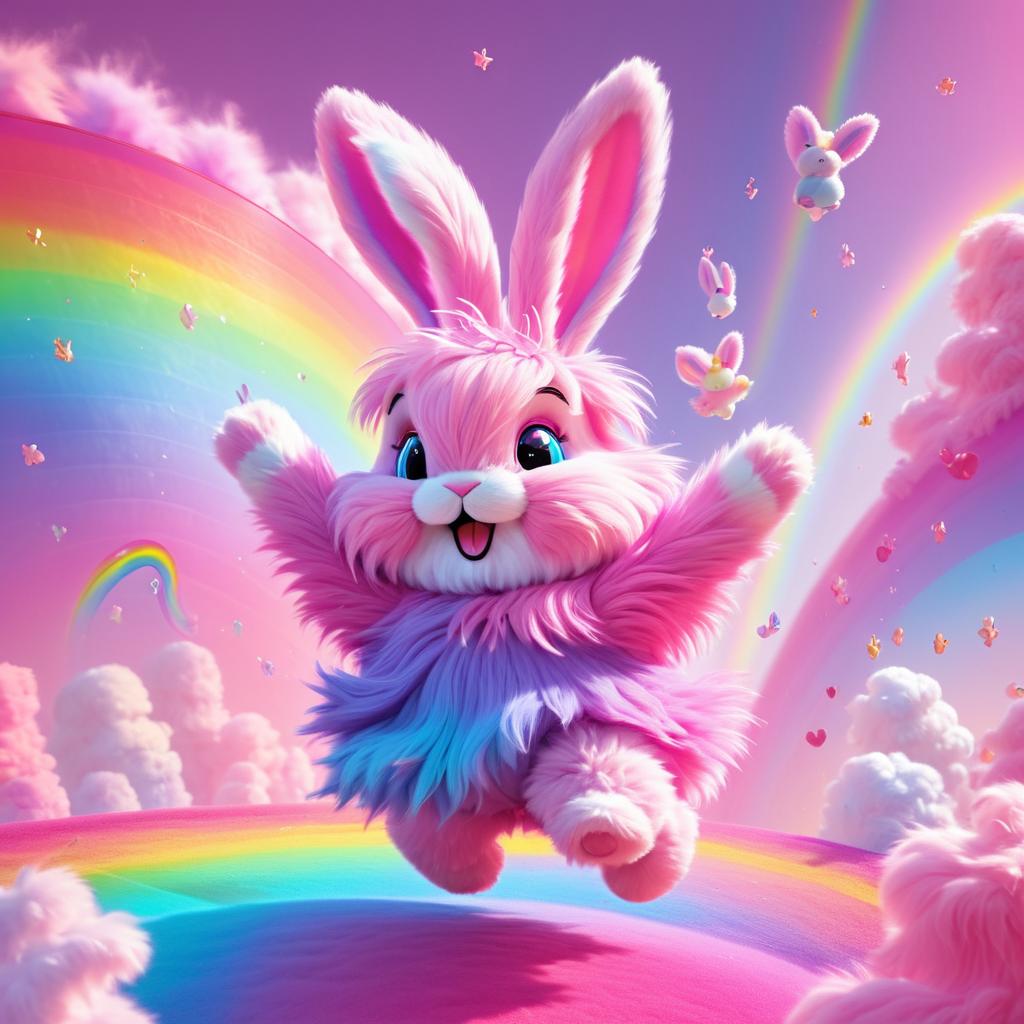 Whimsical Pink Bunny Dancing on Rainbows