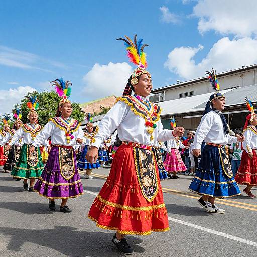 Colorful photograph of a traditional dance parade: Women in white shirts, vibrant skirts, and feathered headpieces, marching on a sunny street.