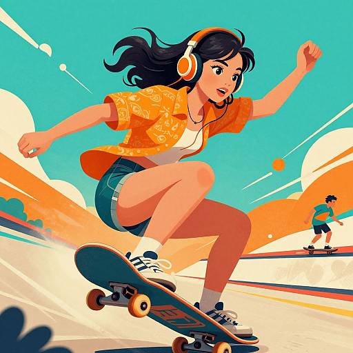 Digital illustration of a black-haired girl in an orange floral shirt, denim shorts, and headphones, skateboarding energetically against a bright blue sky with
