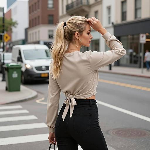 Blonde Woman in Beige Top on City Street