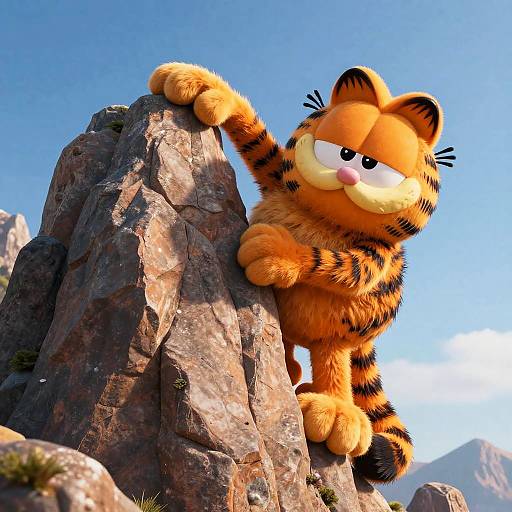 CGI image of Garfield, the orange tabby cat, with black stripes, confidently perched on a rocky mountain peak under a clear blue sky