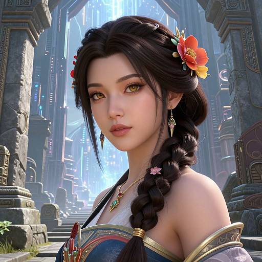 CGI portrait of a beautiful Asian woman with braided black hair, orange flower, golden earrings, and ornate armor, in a futuristic, ancient