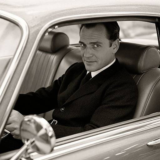 Black-and-white photograph of a serious middle-aged man in a dark suit, driving a vintage car, gripping the steering wheel.