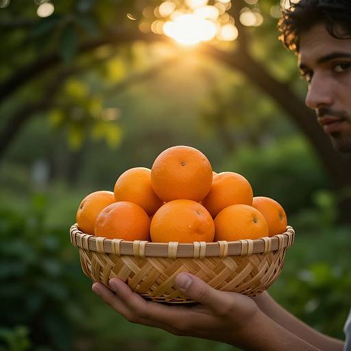 Photograph of a man with curly hair holding a woven basket filled with bright orange oranges, sunlight filtering through green trees in the background.