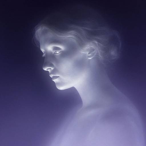 Digital artwork of a glowing, ethereal woman in profile, illuminated by blue light against a dark background, with translucent, wispy hair.