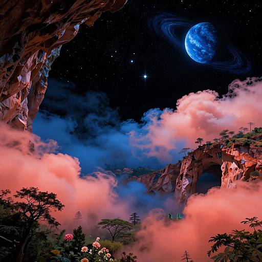 Fantasy landscape with pink clouds, rocky cliffs, trees, and a vivid blue planet with rings in a starry night sky.