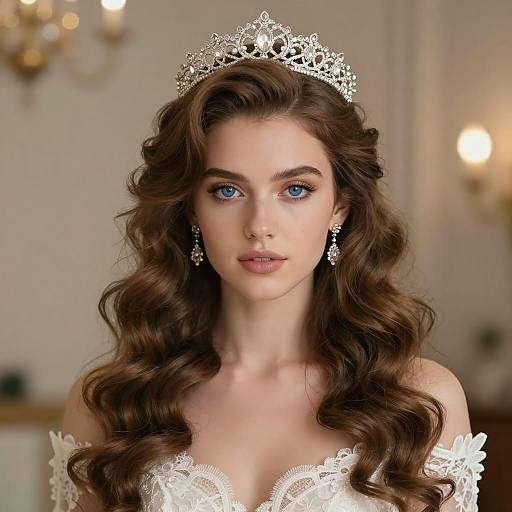 Brunette Bride with Silver Tiara and Lace Dress