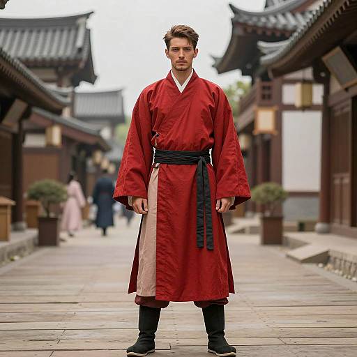 Man in Traditional East Asian Robe on Historic Street