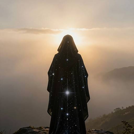 Silhouetted figure in starry cloak facing sunrise over misty mountain landscape. Digital art with soft, ethereal lighting.