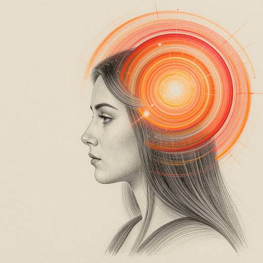 Digital illustration of a side-profile, grayscale woman with long hair, glowing red circular energy halo over her head, white background.