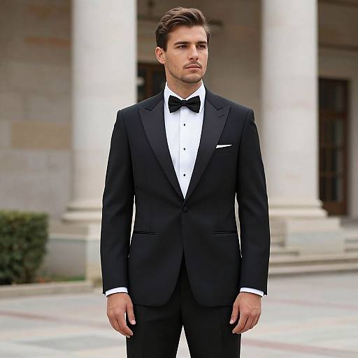 Photograph of a handsome, fair-skinned man with short brown hair, wearing a black tuxedo, white dress shirt, black bow tie,