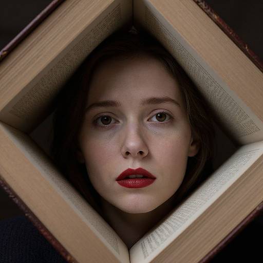 Photograph of a young woman with fair skin and red lips, framed by open books, looking pensively forward. Dark background.
