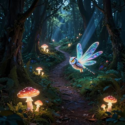 Photograph of a magical forest at night, featuring a glowing blue fairy with iridescent wings, illuminated red-capped mushrooms, and a winding forest