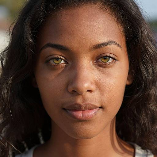 Close-up photograph of a young Black woman with smooth brown skin, greenish-yellow eyes, and long wavy black hair, looking directly at the camera