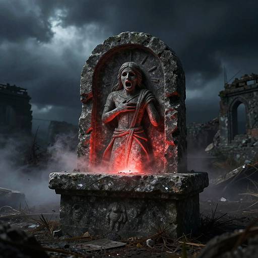Photograph of a weathered stone statue of a robed figure with glowing red eyes, set in a ruined, foggy, and stormy landscape