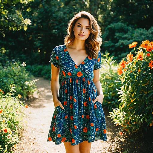 Young Woman in Blue Floral Dress in Garden