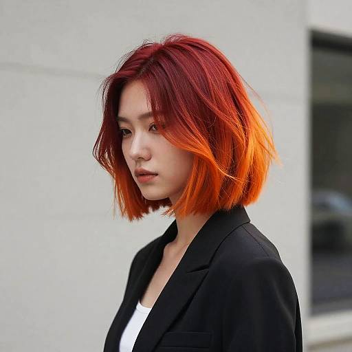 Photograph of a young Asian woman with vibrant red-orange bob haircut, wearing a black blazer over a white top, standing against a white urban background