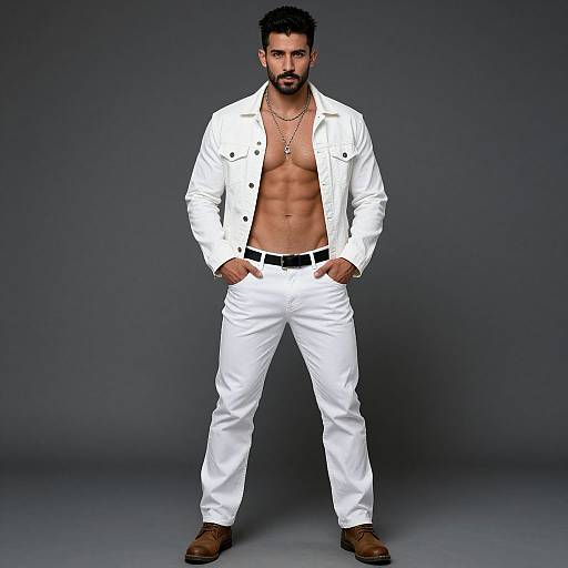 Photograph of a muscular, bearded man with dark skin and short black hair, wearing an open white shirt, white pants, brown shoes, and