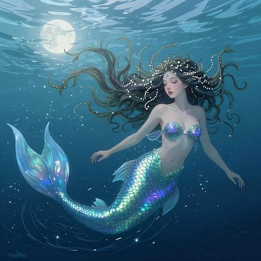 Digital artwork of a shimmering blue mermaid with long black hair, glowing pearl necklace, and iridescent scales, floating underwater beside a bright moon