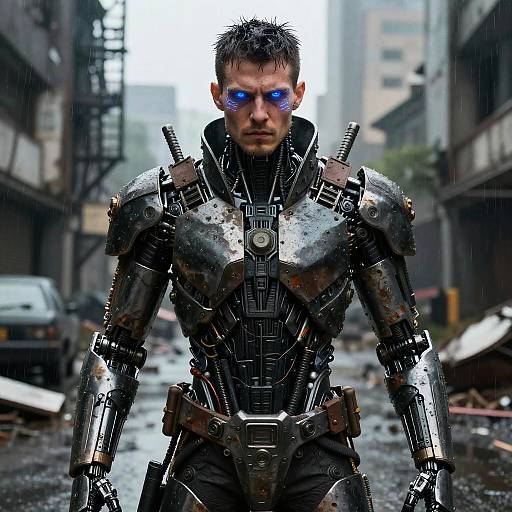 Cyborg soldier with glowing blue eyes and metallic armor stands in a rainy, ruined urban alley, surrounded by debris. CGI image.