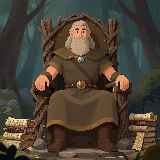 Cartoon-style image of a bearded, elderly wizard with a white beard, sitting on a wooden throne in a dark forest, surrounded by ancient scrolls
