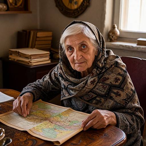 Photograph of elderly woman with white hair, wearing patterned headscarf and dark sweater, sitting at wooden table, pointing at detailed map. Sun