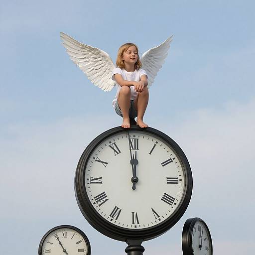 Photograph of a blonde child with white angel wings, squatting on a large clock face, against a clear blue sky.
