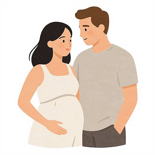 Digital illustration of a pregnant woman with black hair and white dress, standing close to a smiling man with brown hair and gray shirt, white background.