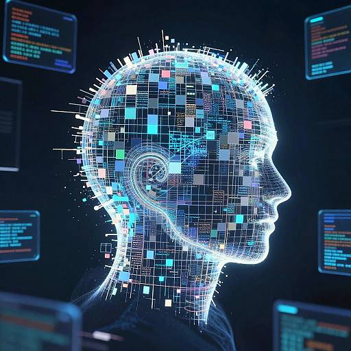 Digital illustration of a glowing, blue-white, wireframe human head with pixelated brain, set against a dark background with neon computer monitors.