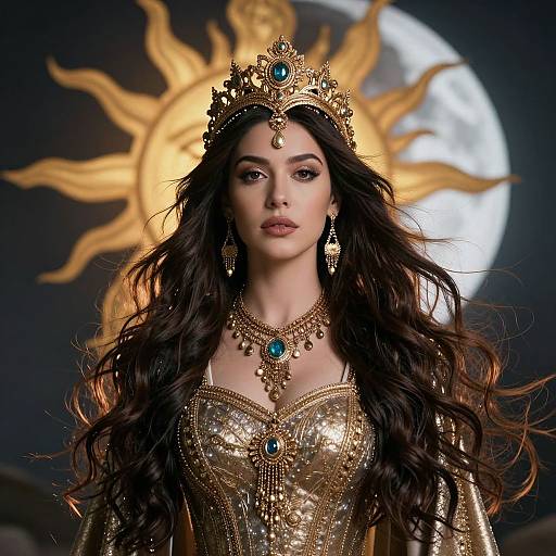 Photograph of a regal woman with long, wavy black hair, wearing a golden crown and intricate gold dress with blue gems, against a dark