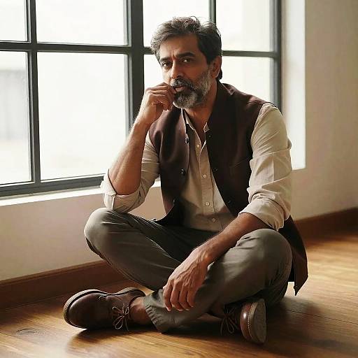 Photograph of a middle-aged man with a grey beard and mustache, sitting cross-legged on a wooden floor, wearing a white shirt, brown vest