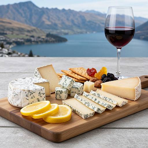 Photograph: Wooden cheese board with blue cheese, sliced yellow lemon, crackers, dried fruits, and grapes, next to a glass of red wine,