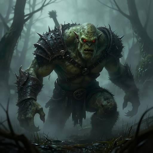 Digital art: Muscular, green-skinned werewolf with red eyes, sharp teeth, and spiked armor, crouching in a dark, fog