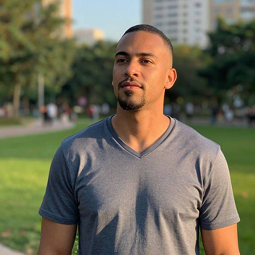 Photograph of a young, medium-skinned man with a trimmed beard and short hair, wearing a gray V-neck T-shirt, standing in a sun