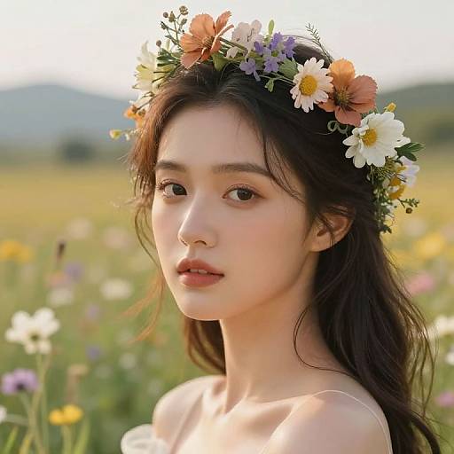 Photograph of a young Asian woman with fair skin, wearing a floral crown, standing in a sunlit, colorful meadow. Her dark hair flows