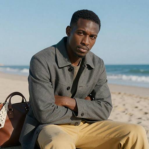 Serious Man on Beach in Casual Attire